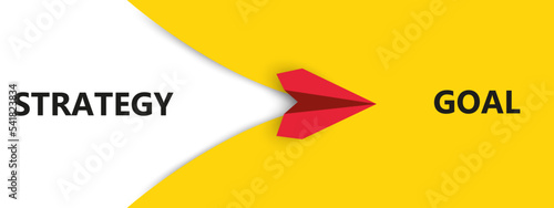Red plane flying from strategy to GOAL.
business creativity new idea discovery innovation technology. forward vision, future idea concept.
