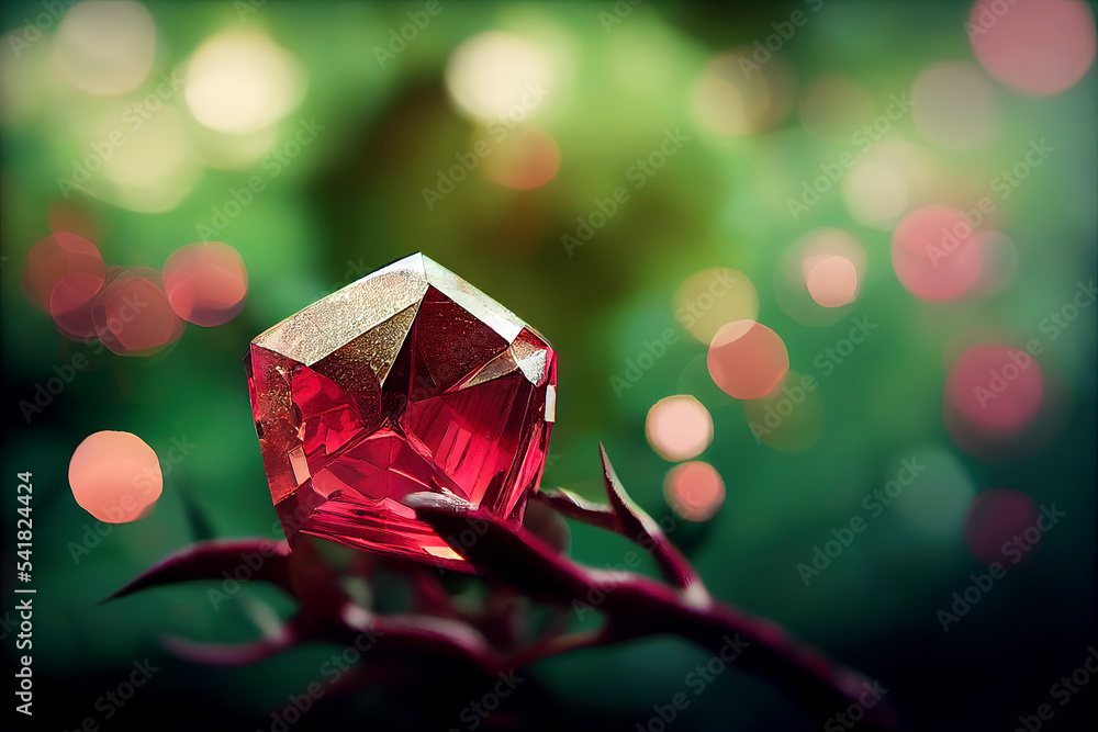 A magical red gem. Treasure sparkling red stone outdoors. Fairy ruby stone. 3D Digital illustration. A magical red gem. Treasure sparkling red stone outdoors. Fairy ruby stone. 3D Digital illustration.