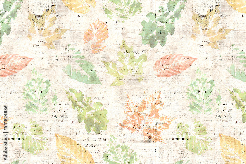 Newspaper paper with autumn leaves watercolor traces horizontal background