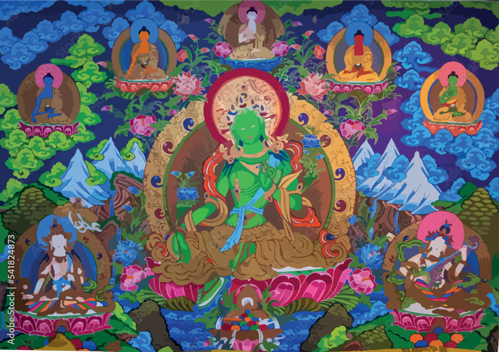 Vector illustration with Green Tara. A symbol of Tibetan Buddhism. Buddha. Vector illustration.