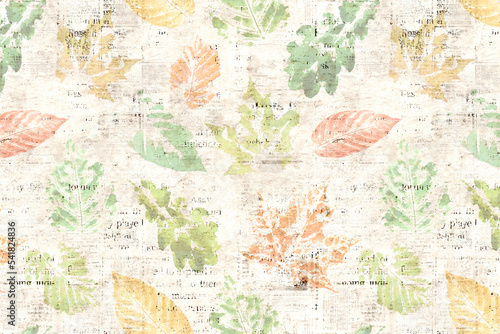 Newspaper paper with autumn leaves watercolor traces horizontal background
