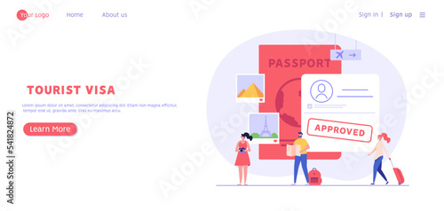 Concept of tourist visa, travel, approved visa, tourist guide. Young tourists with guide map visit world attractions and landmarks. People travel abroad with foreign passport. Vector illustration
