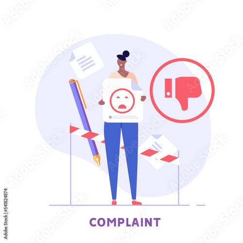User filling complaint form. Client giving negative feedback at rating scale. Concept of bad review, negative feedback, complaint, dislike. Bad user experience. Vector illustration flat design