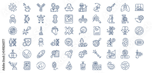 Collection of icons related to Biology and technology, including icons like amoeba, Biochemists, biologist, Cell,  and more. vector illustrations, Pixel Perfect set
