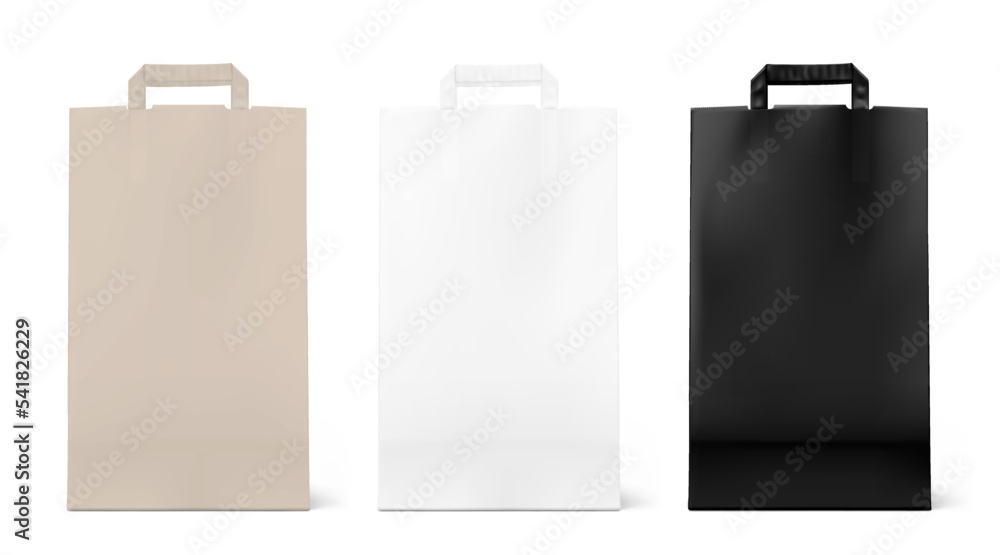 Paper bags with flat handles mockup set. Vector illustration isolated on white background. Ready for your design. Suite for the presentation of foods, fillers, grocery bag, etc. EPS10. Paper bags with flat handles mockup set. Vector illustration isolated on white background. Ready for your design. Suite for the presentation of foods, fillers, grocery bag, etc. EPS10.