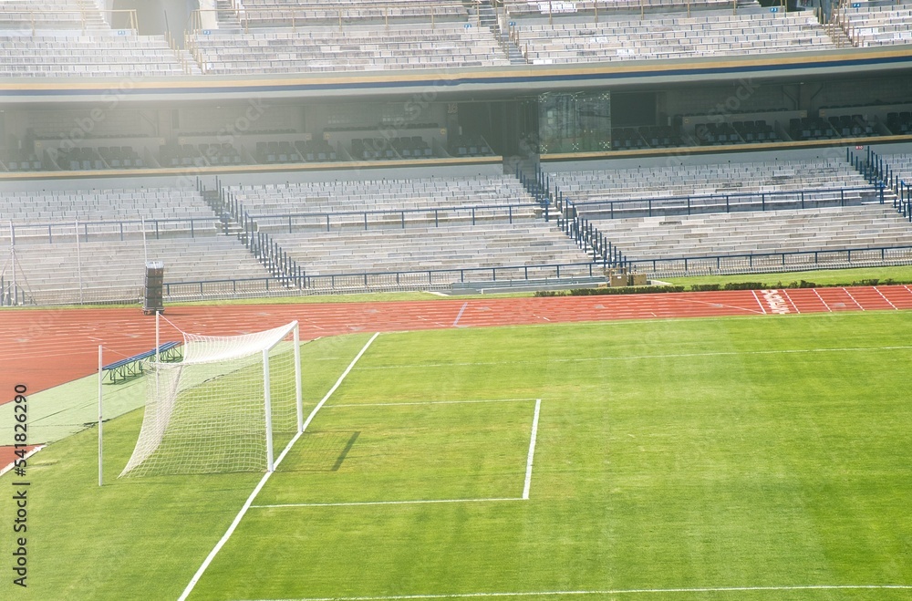 Fototapeta premium Soccer football goal with green grass in stadium