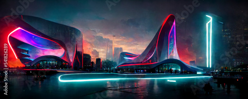 City design with special design, colorful buildings in the new metaverse world, eye-catching architecture of amorphous structures , mall ,  illustration architecture , 