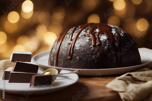 Fototapeta Delicious Panettone with candied fruits, typical Italian sweet Pandoro with blur