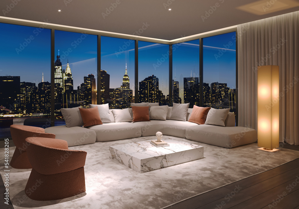 Illustration of a contemporary luxury penthouse living room interior in New York city - obrazy, fototapety, plakaty 