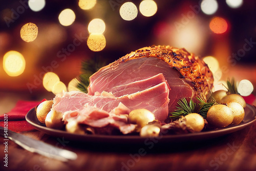 Slika na platnu Traditional Christmas smoked roast pork ham sliced ​​on wooden cutting board wit