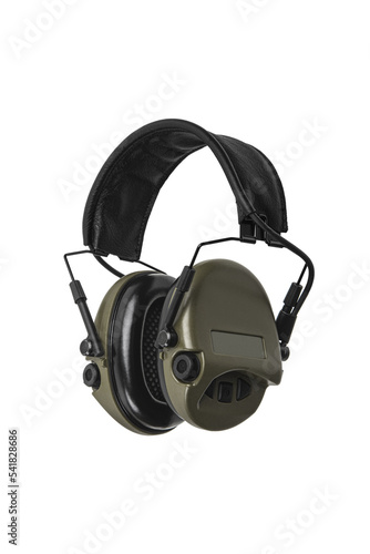 Protective headphones on a white. Safety equipment. Headphones for noise reduction. Light back.