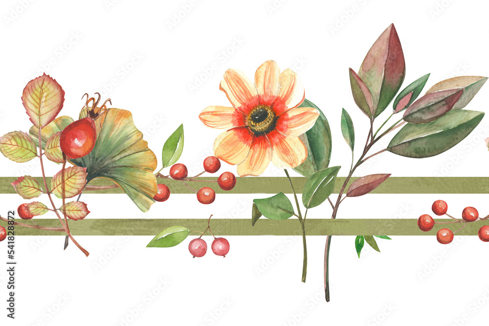 Spring Border Hand Drawing Watercolor spring horizontal border with hand-drawn flowers, leaves and ...