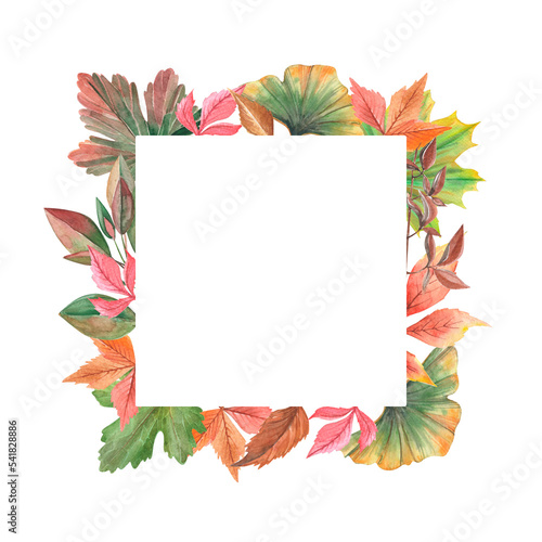 Watercolor elegant autumn square frame with botanical elements. Forest colorful leaves and branches.