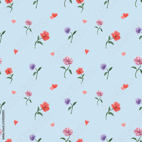 Seamless botanical pattern with watercolor flowers for home textile. Red and pink branches at blue background.