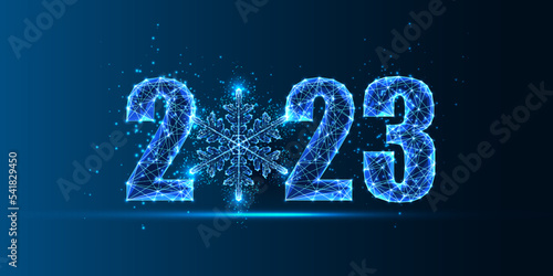 Abstract blue 2023 Happy New Year digital web banner with snowflake in futuristic glowing style