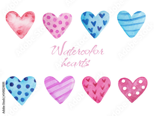 watercolor set with hearts. Pink, purple, blue. Romantic vintage style. Collection for decoration, design. Stamps on paper, postcards, textiles. Clipart for templates. Valentine's day, love symbol.