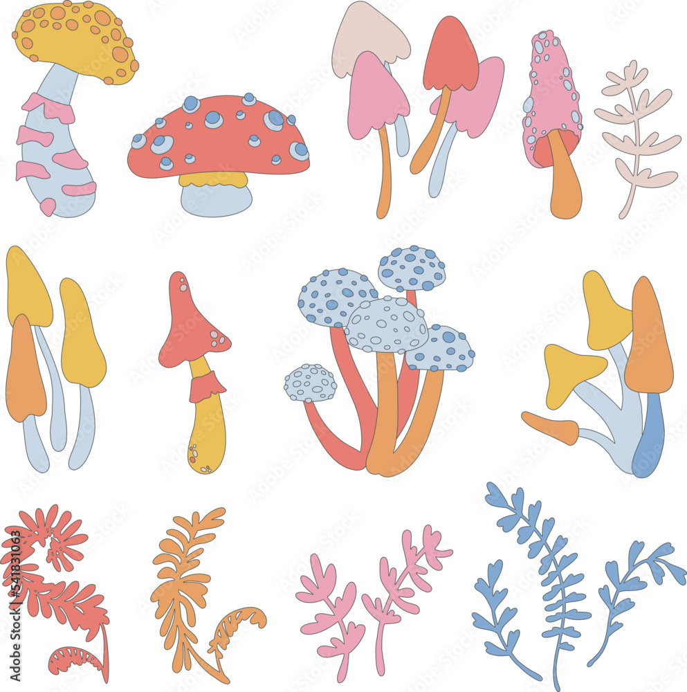 Toxic mushrooms. Bright botanical poisonous, colorful fairytale forest psychedelic mushrooms vector set.