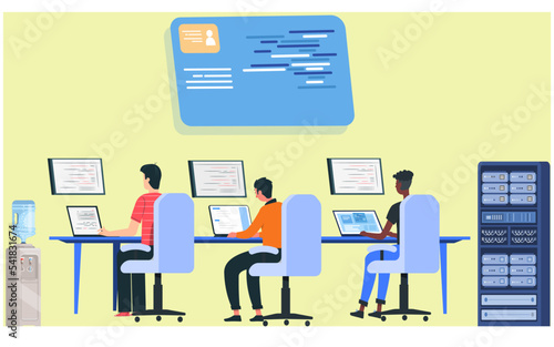 Group of professional programmers working together on laptops in the software house. Flat vector illustration.