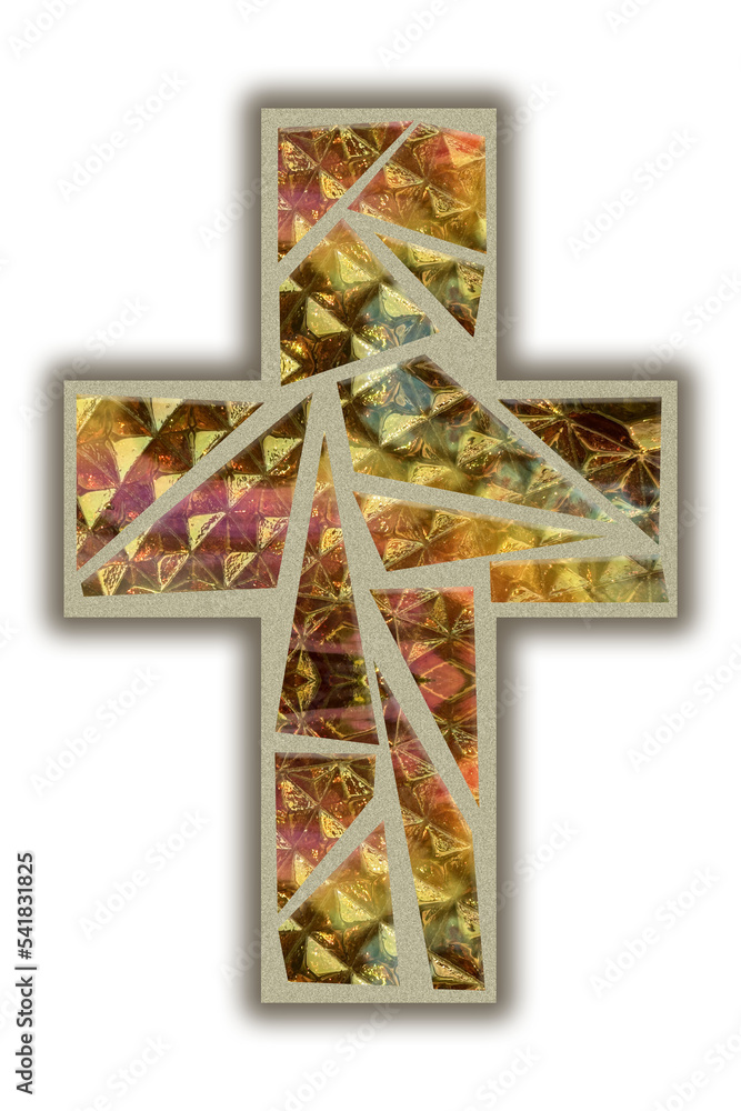 cross shape with outer shading and glass mosaic sections in warm colors ...