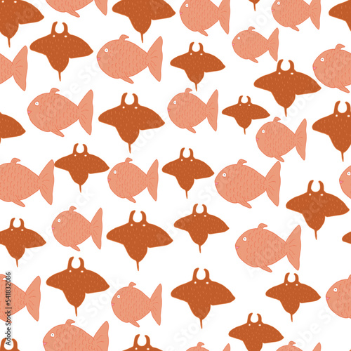 fish and stingray on a white background, seamless pattern