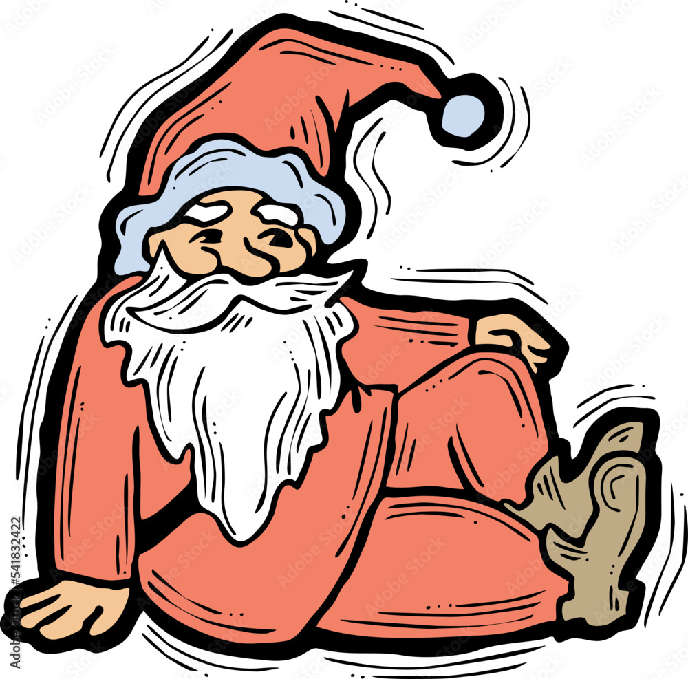 Funny Santa Claus sitting, hand drawn cartoon character, comic personage vector illustration. Decorative element for poster print, Christmas invitation, postcard design. Traditional winter holiday. Funny Santa Claus sitting, hand drawn cartoon character, comic personage vector illustration. Decorative element for poster print, Christmas invitation, postcard design. Traditional winter holiday.