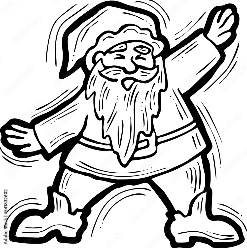 Fototapeta premium Funny Santa Claus dancing, hand drawn cartoon character, comic personage illustration. Decorative element for poster print, Christmas party invitation, vector design. Traditional winter celebration.