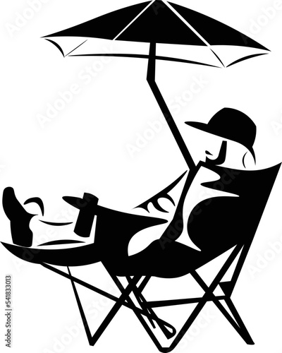 Black and White Cartoon Illustration Vector of a Person Relaxing on A Reclined Beach Chair with Parasol