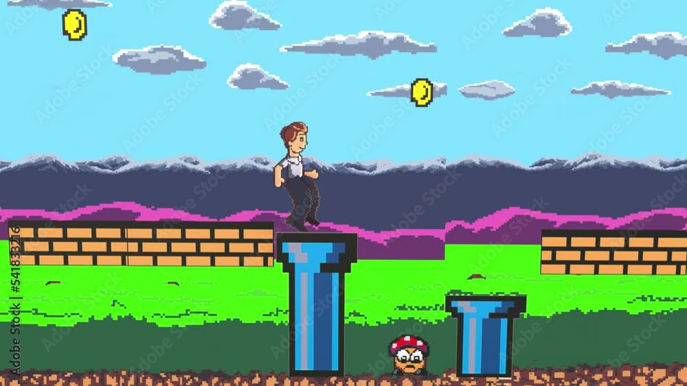 running jumping man take gold coin fake retro arcade 2D Console game pixel art loop video game gameplay moving Around Pixelated Digital World render 3d