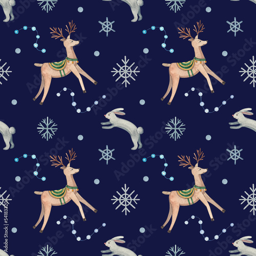 Magic winter seamless pattern with cartoon animals. Illustration of cute deer and hare with snowballs and snowflakes on dark blue background.