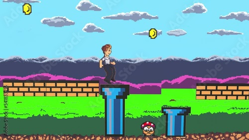 running jumping man take gold  coin fake retro arcade  2D Console game pixel art loop video game gameplay moving Around Pixelated Digital World render 3d