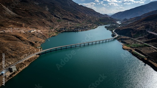 Aerial view of a bridge on the Jinsha River in Lijiang, Yunnan, China