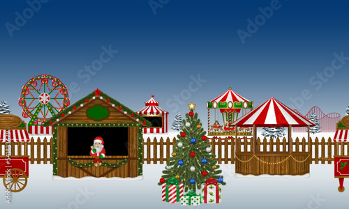 seamless banner with christmas landscape. christmas market illustration with stalls, ferris wheel, carousel and christmas tree 