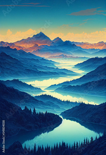 Retro Sketch of Mountain Ranges