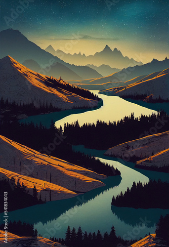 Retro Sketch of Mountain Ranges