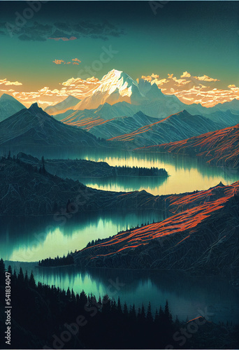 Retro Sketch of Mountain Ranges