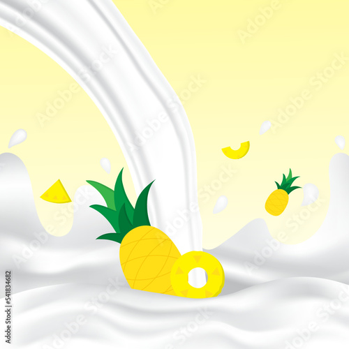 Pineapple milk splash with white splashing liquid. Pouring pineapple milk on yellow background. Fruit drink and organic dairy free vegan milk. Creative design vector illustration with empty space.