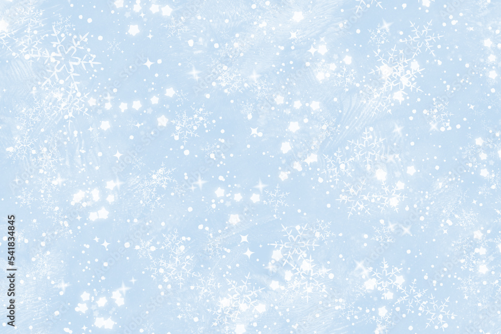 Niebieskie, zimowe tło ze śniegiem i płatkami śniegu. Świąteczne tło z płatkami śniegu. - obrazy, fototapety, plakaty 