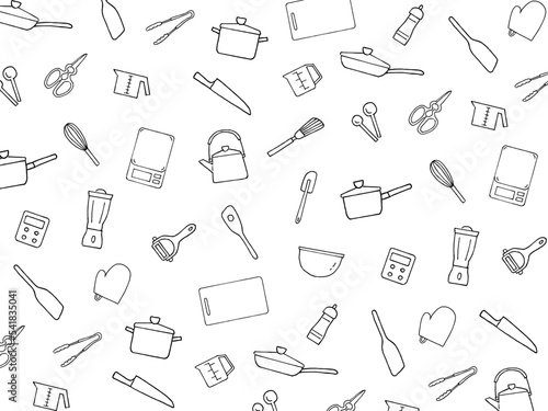 キッチン用品のペン画の背景模様　モノクロ