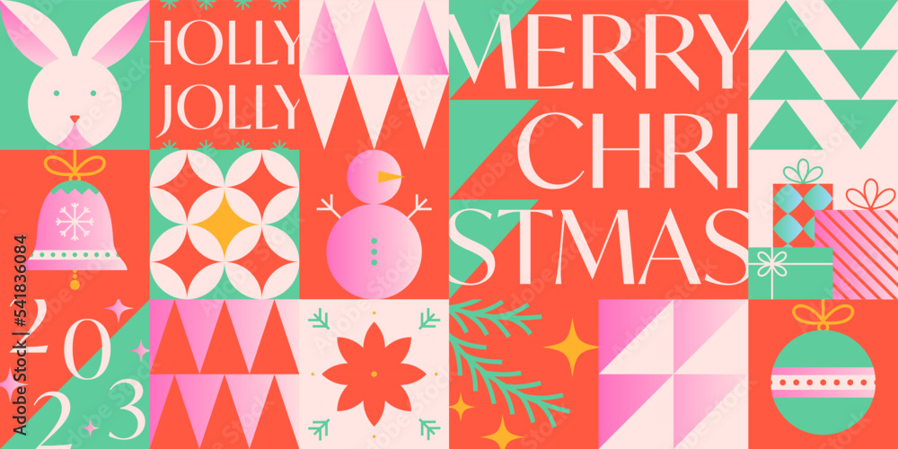 Christmas and Happy New Year greeting banner template.Festive vector background in bauhaus style with traditional winter holiday symbols.Xmas trendy design for branding,invitations,prints,social media Christmas and Happy New Year greeting banner template.Festive vector background in bauhaus style with traditional winter holiday symbols.Xmas trendy design for branding,invitations,prints,social media