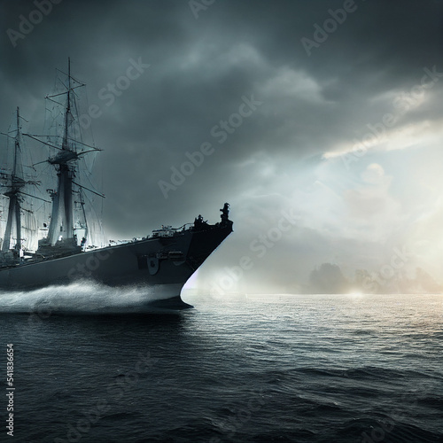 Warship in the stormy sea. 3D illustration © Dav_782