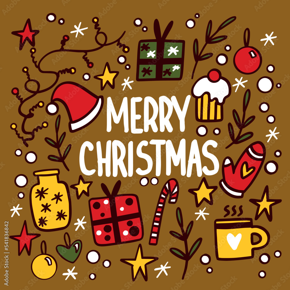 Merry Christmas illustration. Set of Christmas design element in doodle style. Cute elements for postcard, print and other design