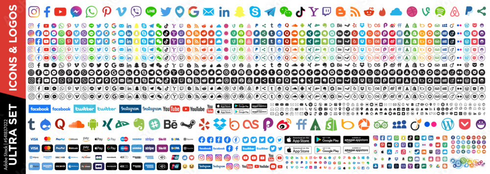 Ultra set of social media icons. Facebook, instagram, twitter, youtube