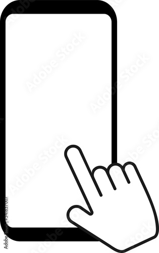 Finger tap on mobile. Smartphone with hand clicking. Phone icon with transparent screen. Mobile phone with clicking finger. Mobile in png