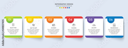 Process of online shopping with 6 steps. Steps business timeline process infographic template