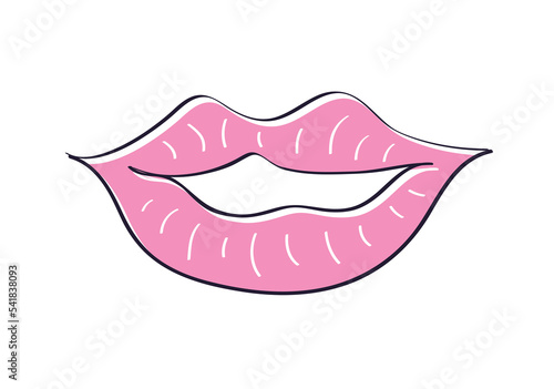 Sexy pink smile lips or lipstick kiss isolated cartoon vector doodle illustration