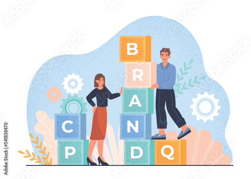 Brand building concept. Man and woman build towers of cubes. Metaphor of marketing and promotion of services and goods on Internet. Poster or banner for website. Cartoon flat vector illustration