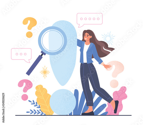 Woman next to exclamation mark. Technical customer support and answers to questions, FAQ. Poster or banner for website. Feedback and review on Internet concept. Cartoon flat vector illustration