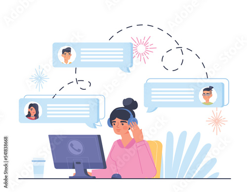 Woman on call center. Young girl sits in headphones at laptop and answers questions from customers and users in comments. Feedback and technical support, assistant. Cartoon flat vector illustration
