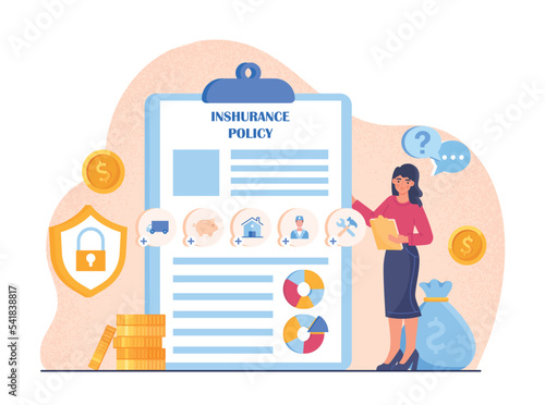 Insurance services concept. Young girl next to document, woman evaluates statistics. Poster or banner for website. Safety and care for health and property, protection. Cartoon flat vector illustration