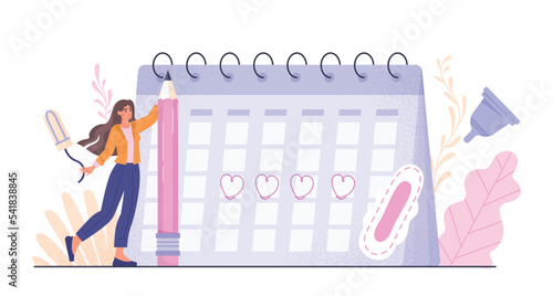 Menstruation period concept. Young girl next to calendar makes schedule. Biology and anatomy. Ovulation and fertility, gynecology. Poster or banner for website. Cartoon flat vector illustration